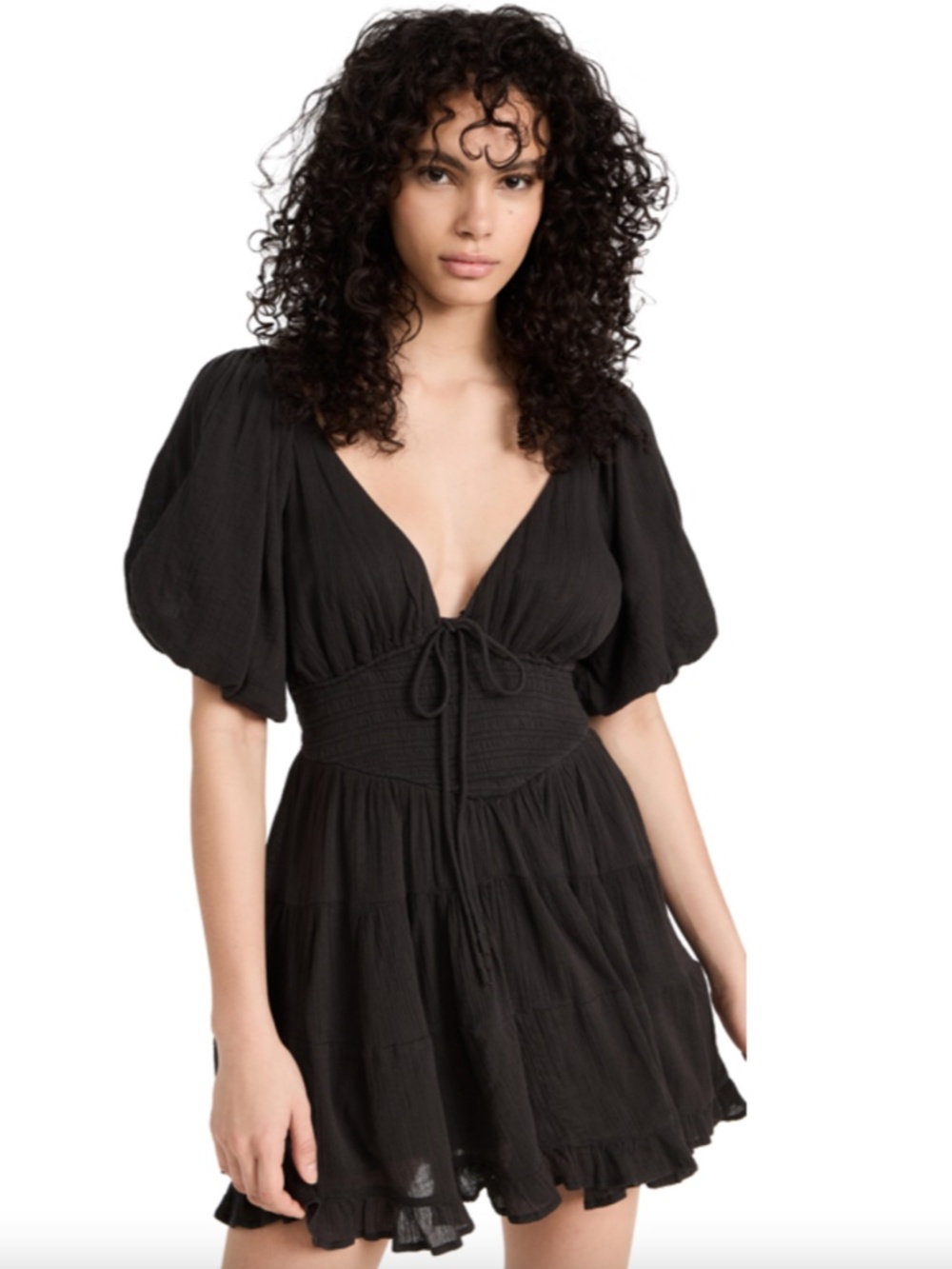 NEW FREE PEOPLE Washed Black PERFECT DAY Cotton Gauze TIERED Tie Mini DRESS XS - Picture 9 of 16